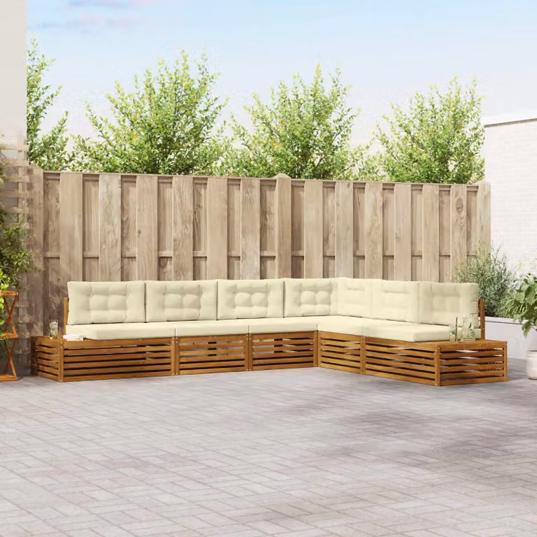 Set di 7 divani da esterno vidaXL a forma di L in legno di acacia con cuscini, beige, bianco e marrone