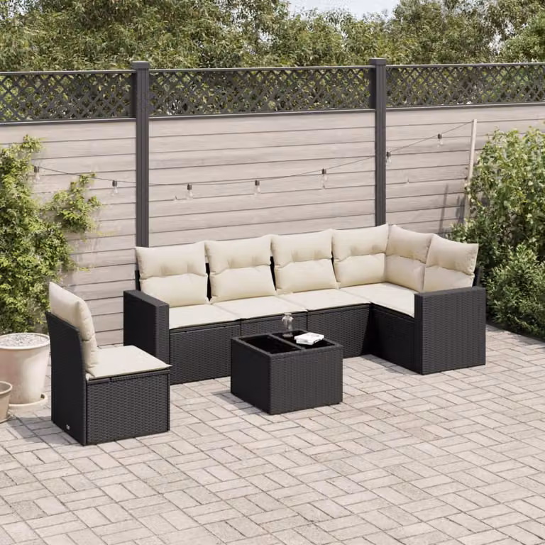 vidaXL Set Divani da Giardino a L con Cuscini 7pz in Polyrattan Nero e Bianco