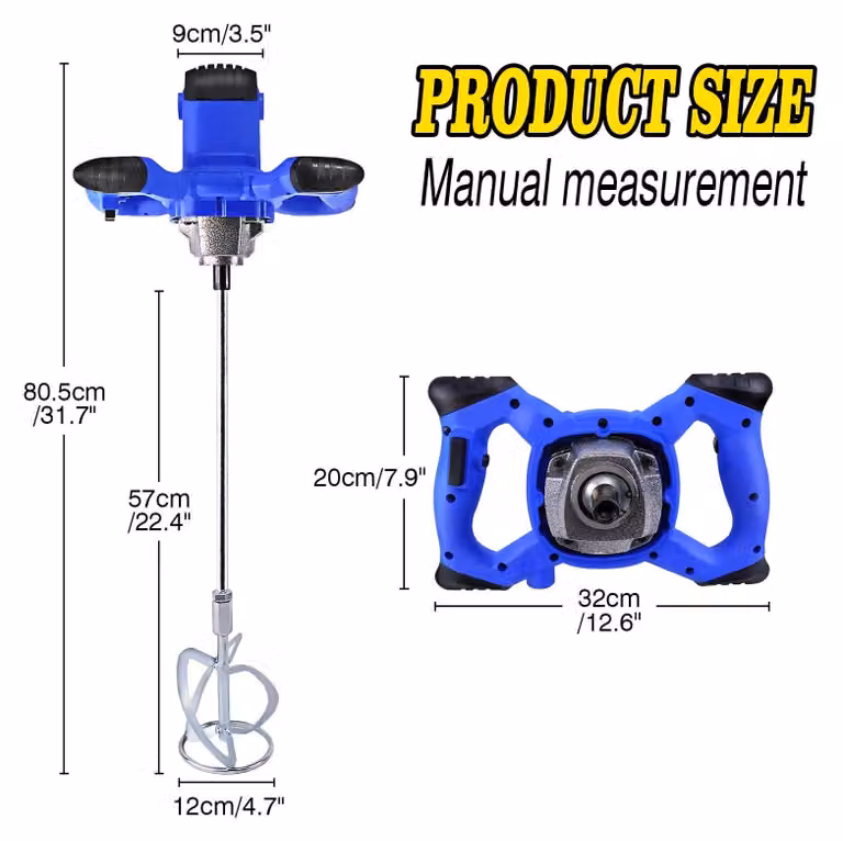Miscelatore manuale per malta e calcestruzzo - Miscelatore per malta - 2600 W - 6 velocità - 0–1700 giri/min - M14 - Pala da 12 cm - Asta da 57 cm - Blu