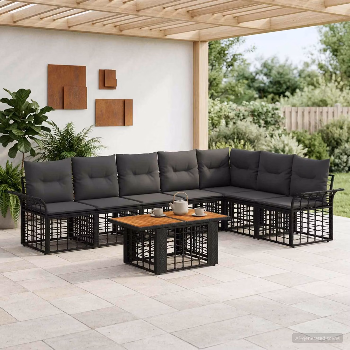 Set Divano da Giardino vidaXL 8 pz in Polyrattan con Tavolino e Cuscini, L-Shape, Nero e Grigio
