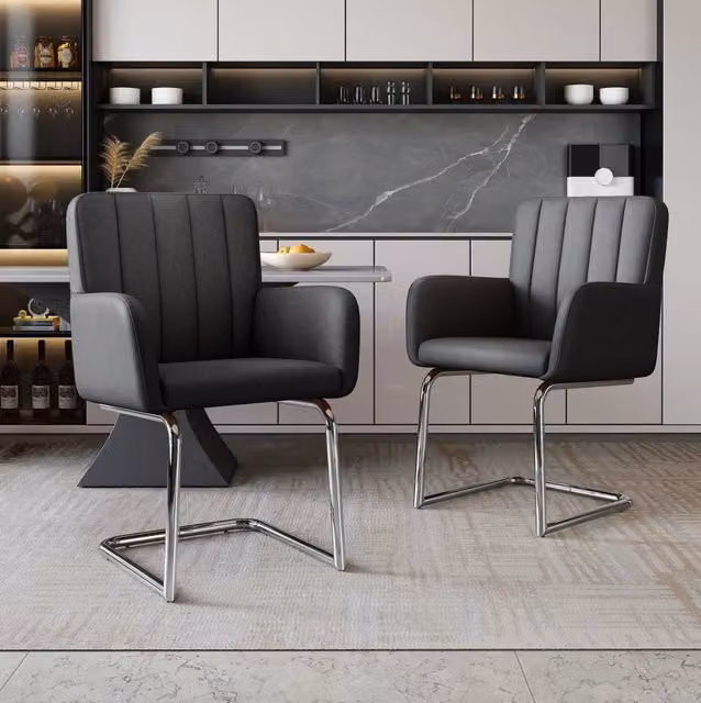 Set di 6 sedie da pranzo a Z con braccioli in similpelle nera e gambe in metallo