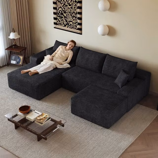 Divano ad angolo, design modulare, velluto a coste, panca a sinistra, pronto all’uso, imballato sottovuoto, nero