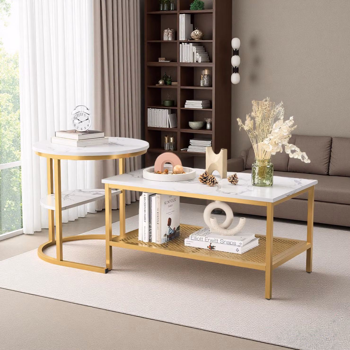 INONEFT, set da 2 tavolini, uno rotondo e uno rettangolare, per il soggiorno, con doppio spazio di stoccaggio, tavolini per divano, adatti per soggiorno e camera da letto, color oro