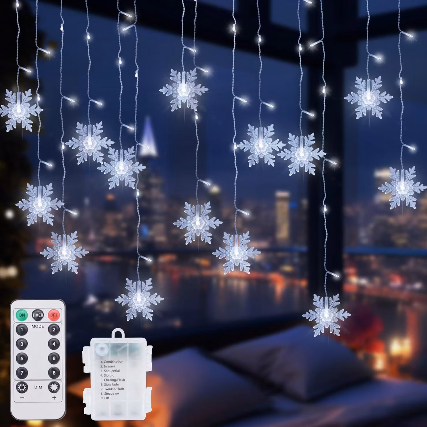Tenda luminosa a forma di fiocchi di neve, 4,2 metri, 96 LED, luce bianca fredda, grado di protezione IP65
