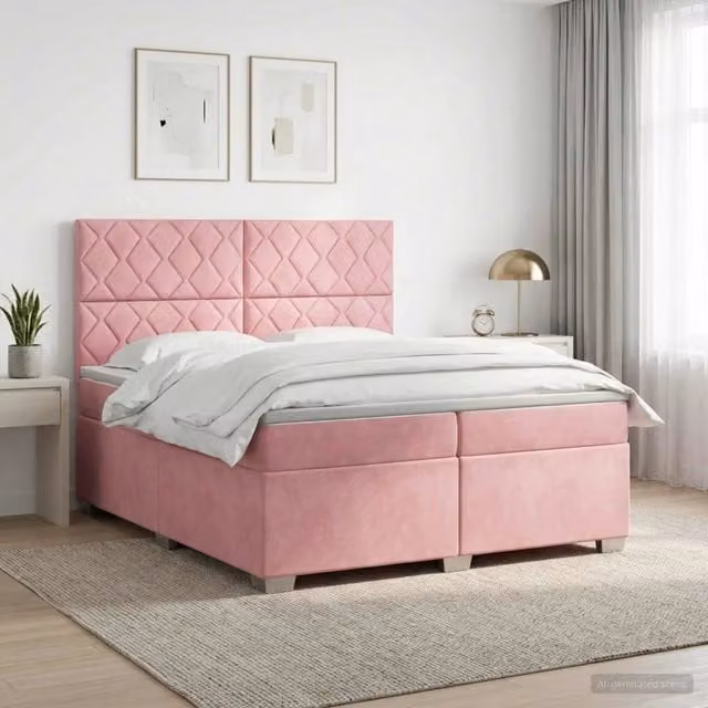 Letto box spring con materasso vidaXL in velluto rosa e bianco con base a sollevamento, illuminazione sottostante e porta USB, L/P: 200 x 200 cm – 1