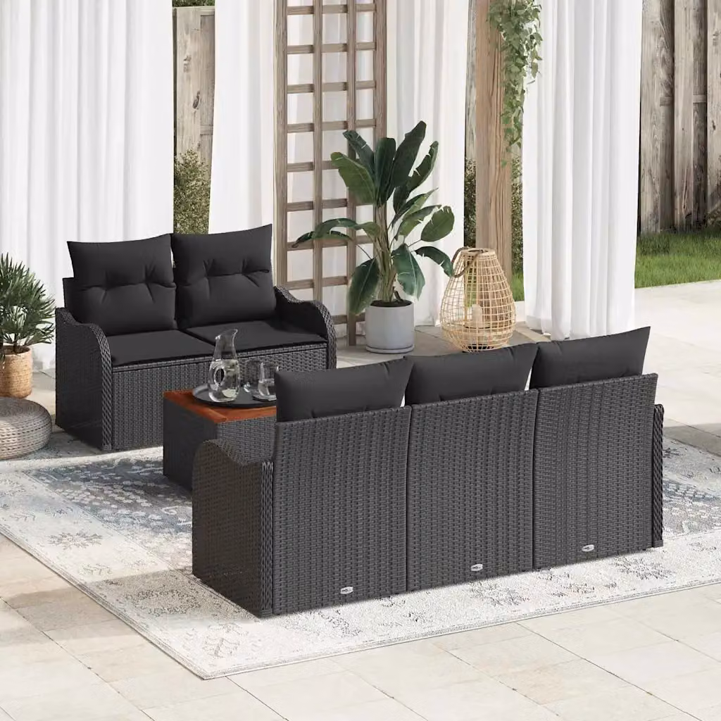 Set Divano da Giardino vidaXL 6 Pezzi in Polyrattan Nero con Cuscini e Tavolino da Caffè – 1