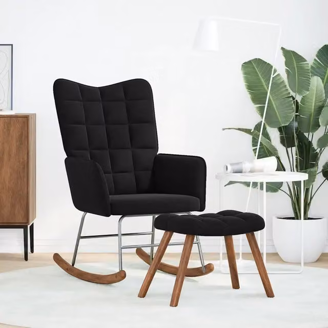 Sedia a dondolo relax con sgabello coordinato in velluto nero CFW5690627