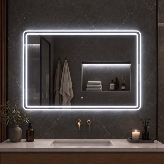 Specchio rettangolare OGOMONDO con doppia cornice e illuminazione LED dimmerabile e comando touch, L: 80 cm, H: 60 cm, colore bianco