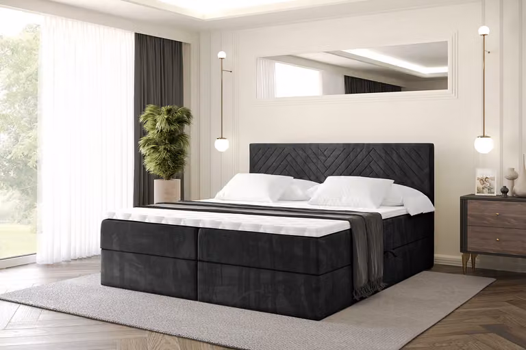 Letto boxspring ALTDECOR con materasso e rete a doghe, topper, letto imbottito con contenitore, letto con spazio contenitivo e materasso H3, letto matrimoniale, letto a cassettoni - VEXA - 140x200 - Nero Casablanca