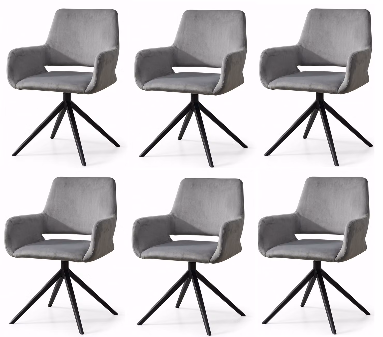 Set di 6 eleganti e raffinati tavoli da pranzo, rivestiti in tessuto grigio, con braccioli
