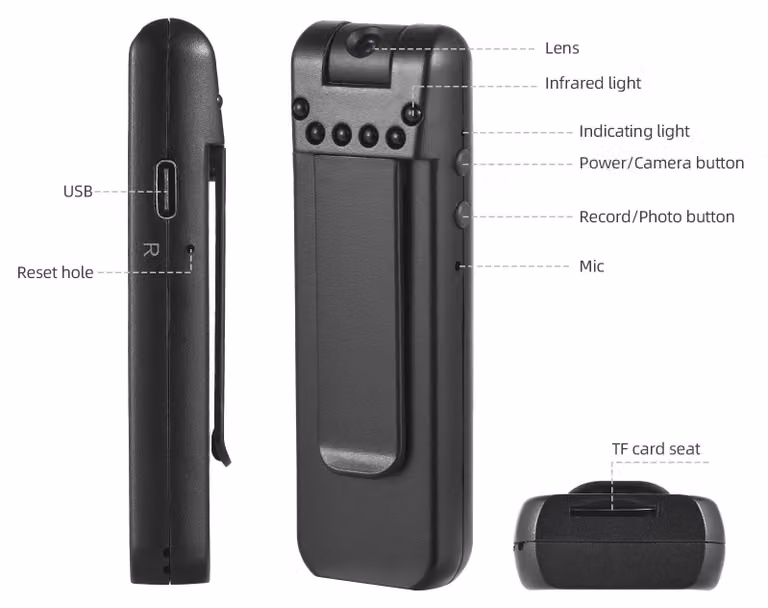Videocamera indossabile da 1080p con registrazione audio e video; mini videocamera portatile con clip; obiettivo orientabile a 180°; visione notturna a infrarossi per le forze dell'