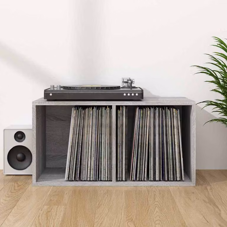 Contenitore per vinili vidaXL in legno multistrato e MDF, colore Grigio Sonoma, L 71 cm x P 34 cm x H 36 cm