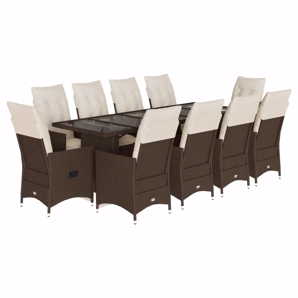 Set Bistrò da Giardino vidaXL 11 pz in Polyrattan Marrone con Cuscini Bianchi e Piano in Vetro – 2