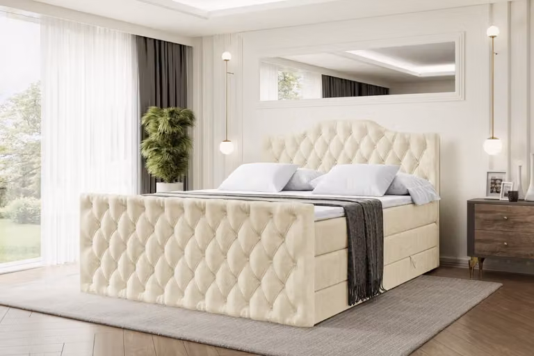 Letto boxspring ALTDECOR con pediera, 2 materassi e topper - 180x200 cm - VILA-1-Z KING - Velluto beige - Letto imbottito con materassi H3 e H4, contenitore e rete a doghe, letto con spazio contenitivo