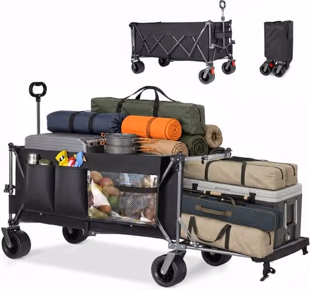Carrello da giardino pieghevole 180 cm nero, grande capacità, ruote off-road