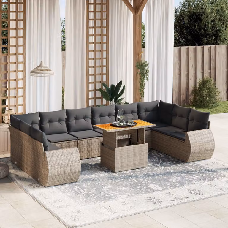 vidaXL Set Divani da Giardino 11 pz in Polyrattan Grigio con Cuscini Imbottiti e Tavolino