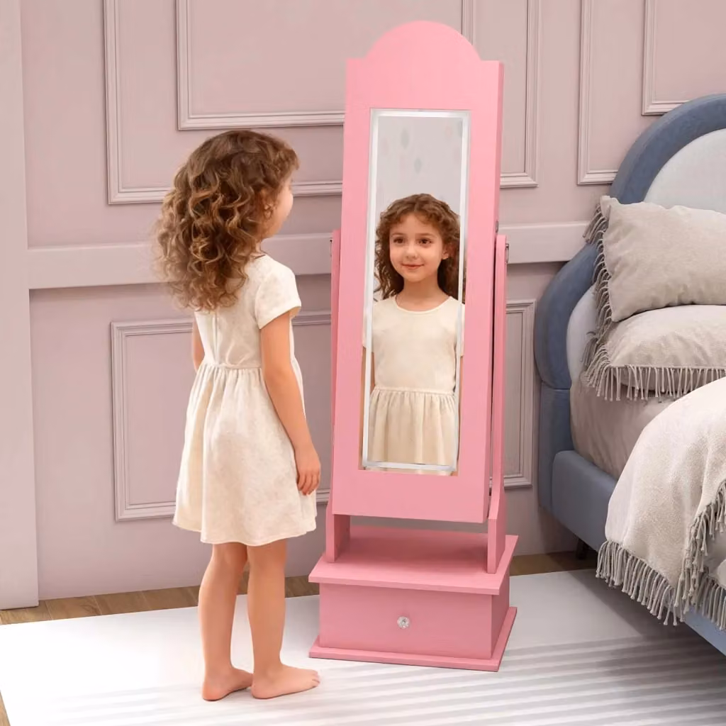Armadietto gioielli Design Mania per bambini con specchio a figura intera e luci LED, organizer rosa per camera da letto o sala giochi, L: 34 cm, P: 10 cm, H: 113 cm – 2