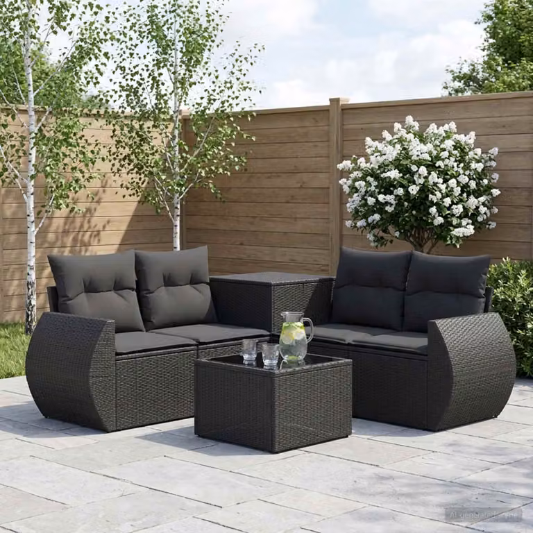Set di divani da giardino vidaXL a forma di L composto da 6 pezzi in rattan sintetico e acciaio nero con cuscini inclusi