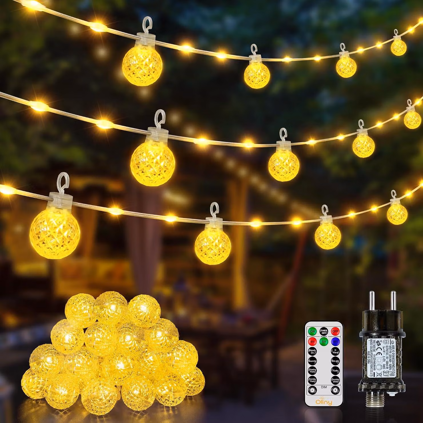 Catena luminosa da campeggio, 20 metri - 120 LED - Con spina - Telecomando - Luce calda - Adatta per interni ed esterni