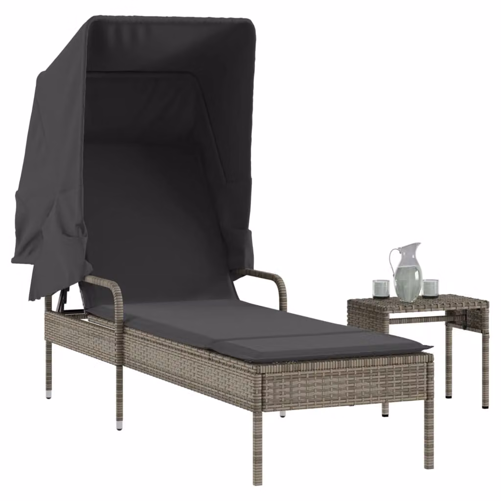 vidaXL Lettino Prendisole con Baldacchino e Tavolino in Polyrattan Grigio