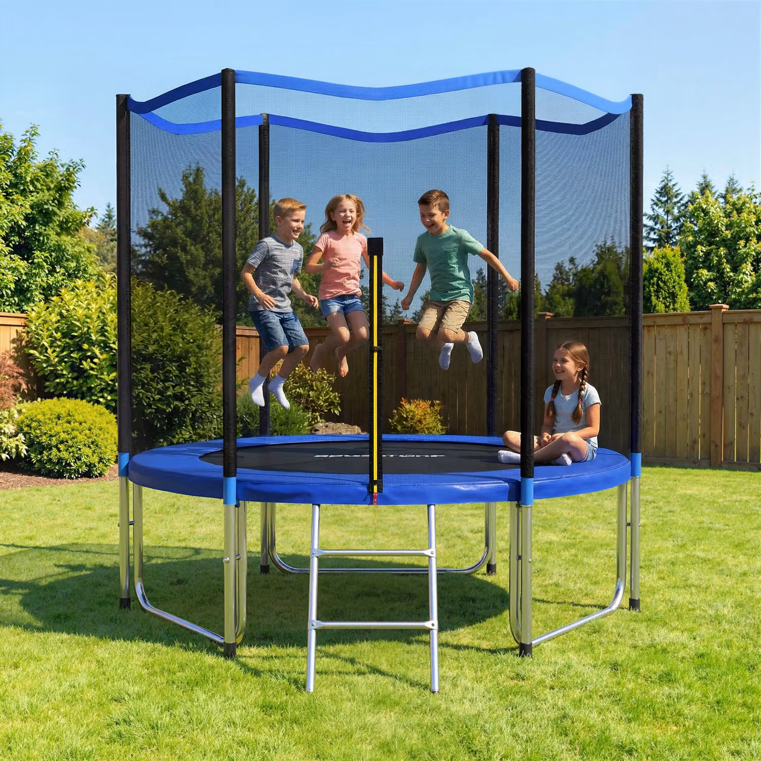 Trampolino SPORTNOW da 305 cm con rete di protezione e scaletta blu per esterni – 2