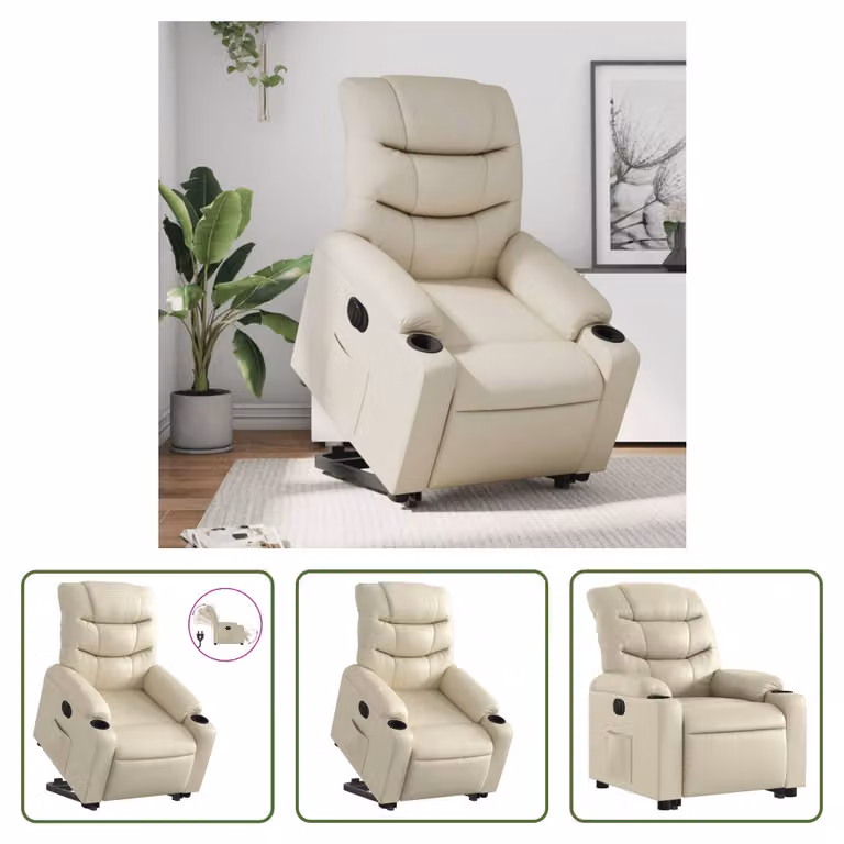 The Living Store Poltrona relax con supporto elettrico in Pelle finta color crema