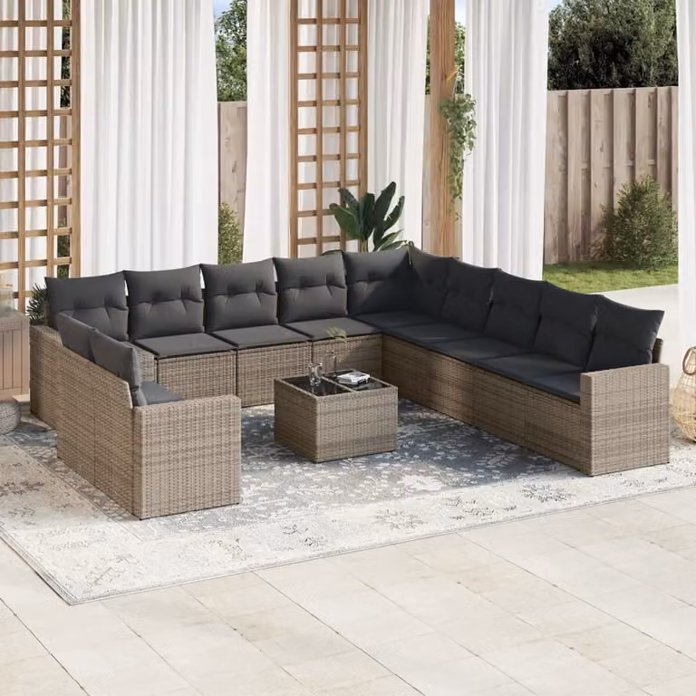 Set di divani da giardino vidaXL da 12 posti in polyrattan grigio con cuscini e tavolino da esterno