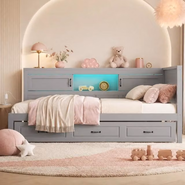 Letto Mivray con letto estraibile e illuminazione LED telecomandata, porte USB e vani laterali, colore grigio, L/P/H: 90 x 200 x 117,4 cm