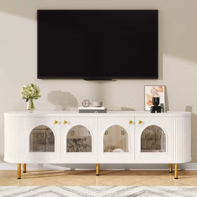 Mobile TV Zephmum bianco con ante in vetro e dettagli dorati L: 170 cm, P: 35 cm, H: 55 cm