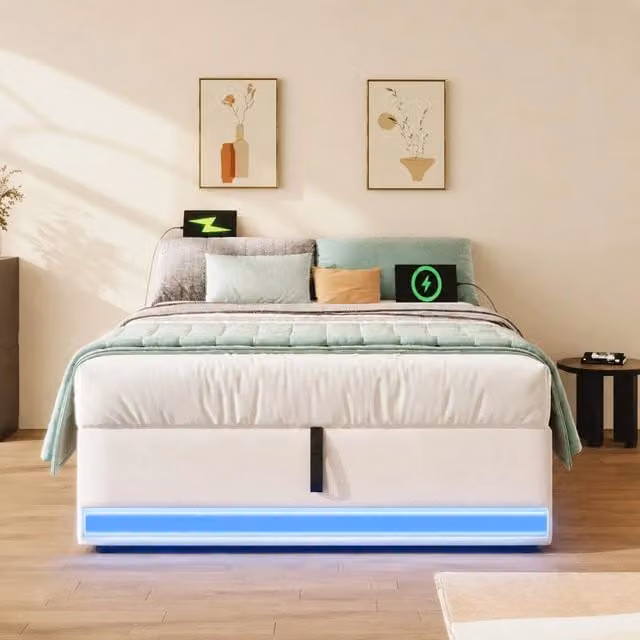 Letto imbottito MODFU in tessuto beige con contenitore idraulico, illuminazione LED sottostante, porte USB e Type-C e mensola portaoggetti, L/P: 90 x 200 cm