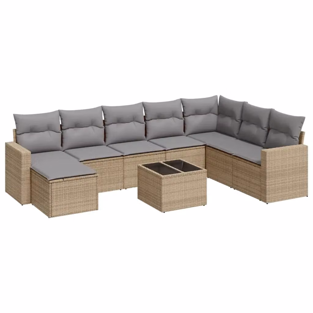 vidaXL Set Divano da Giardino a L 9 pz con Cuscini Beige e Tavolino in Vetro – 2