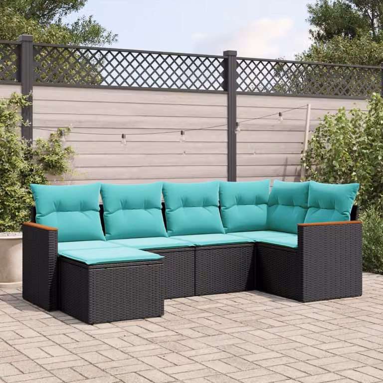 Set di divani da giardino vidaXL 6 pezzi in rattan con cuscini, design moderno a forma di L con struttura in acciaio e sedute imbottite, colore nero, blu o turchese