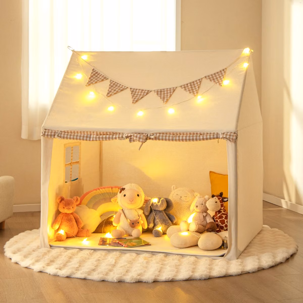 Casetta tenda da gioco Costway per bambini con tappetino imbottito, finestre traspiranti e tasche, Beige, L: 127 cm, P: 125 cm, H: 100 cm