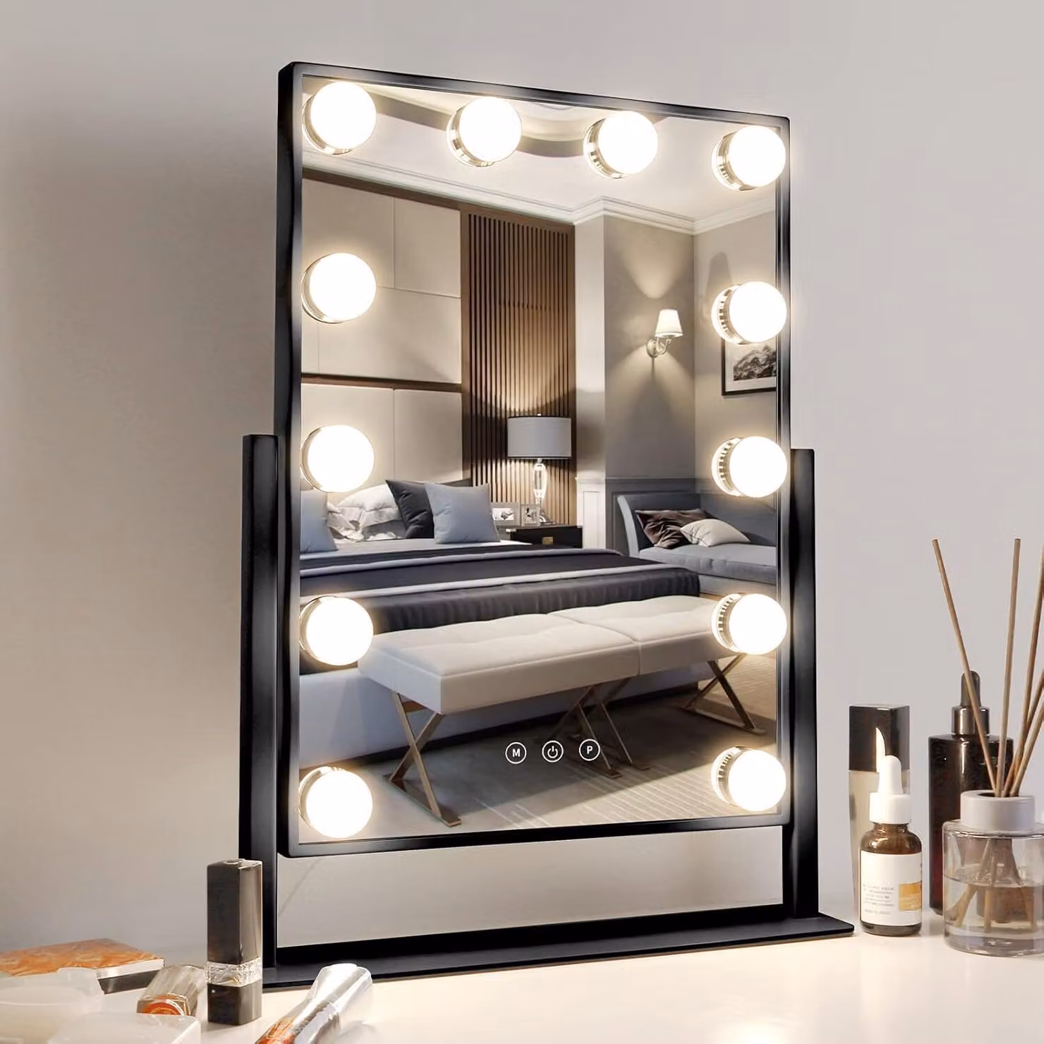 ZELURXX Specchio per il trucco, con illuminazione, 12 LED dimmerabili, ruotabile a 360°, luce a 3 colori, smart touch control screen, specchio, nero, 36 x 47 cm