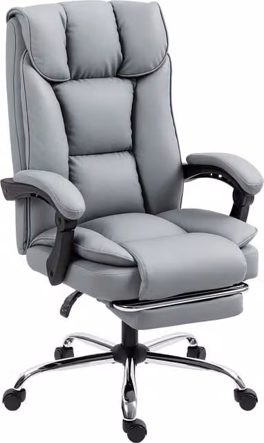 Sedia da ufficio ergonomica HOMCOM grigia con poggiapiedi, reclinabile e girevole in ecopelle con poggiatesta e braccioli