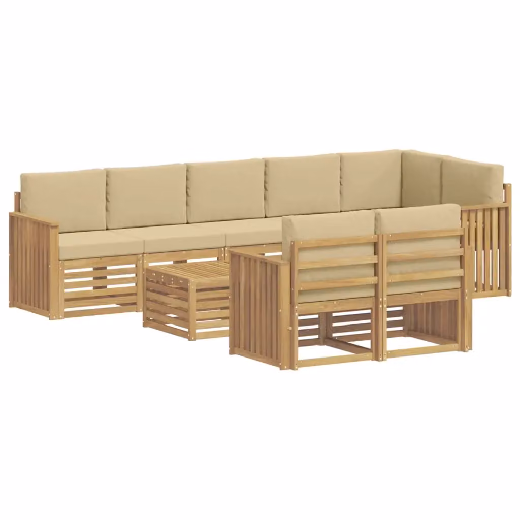 Set di divani da esterno a L vidaXL in legno di acacia con tavolo da caffè, 9 pezzi, Bianco, Beige e Marrone – 2