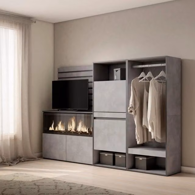 Credenza, 227x35x145cm, Camera da letto, Camino elettrico XXL, Scarpiera, Armadio Aperto, grigio cemento RF3392