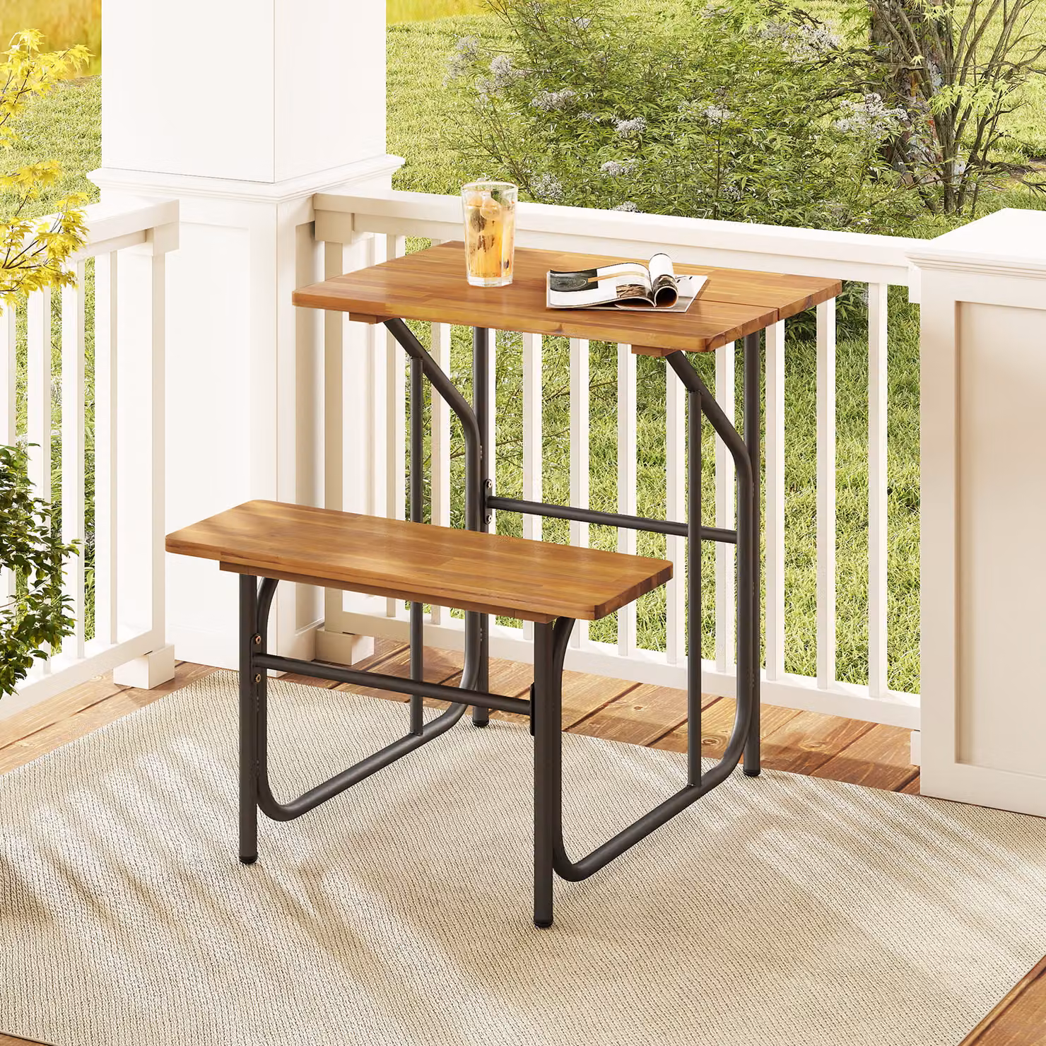 Set tavolo e panca da esterno Costway in legno di acacia e metallo, colore marrone, ideale per giardino, balcone o terrazzo