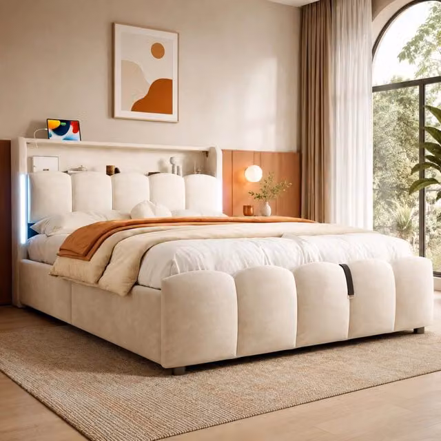 Letto contenitore 140 × 200 cm idraulico con testiera a vano LED USB e Type-C in velluto beige