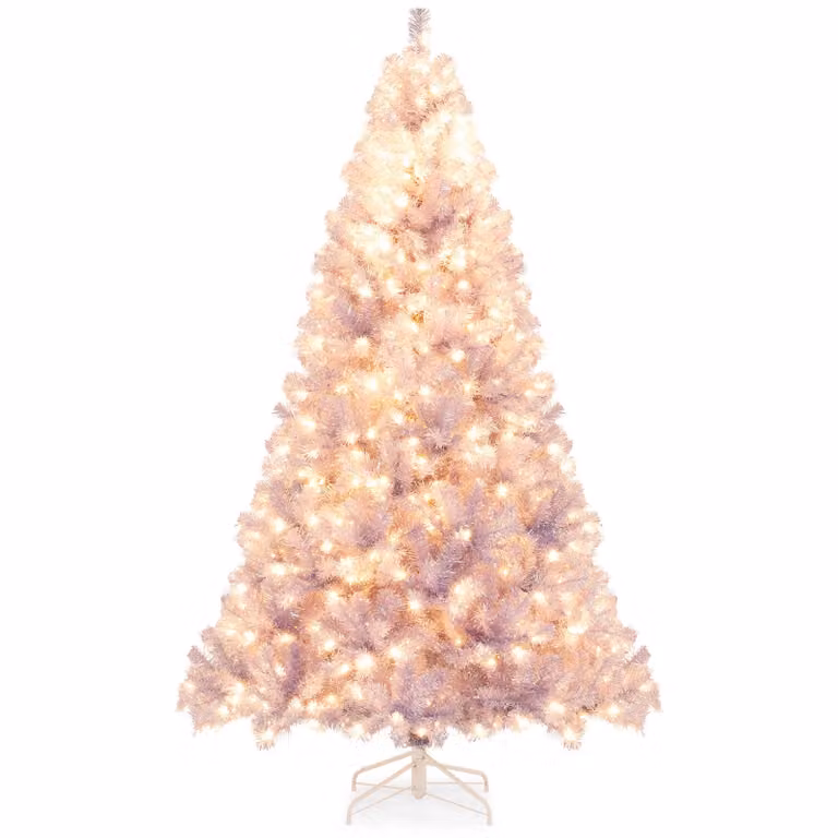 COSTWAY 225cm Albero di Natale artificiale con LED bianco caldo, 8 modalità e supporto in metallo, albero di Natale, albero di Natale, albero di Natale artificiale viola