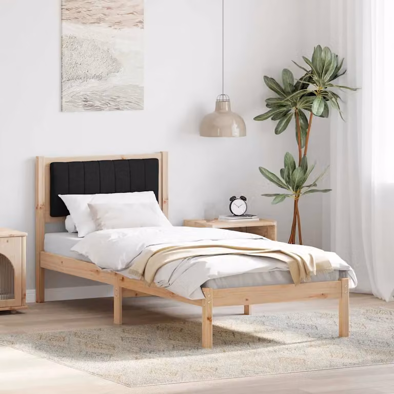 Letto moderno vidaXL con testiera rivestita in tessuto e struttura in pino massello, Nero e Marrone, L 80 x P 200 cm