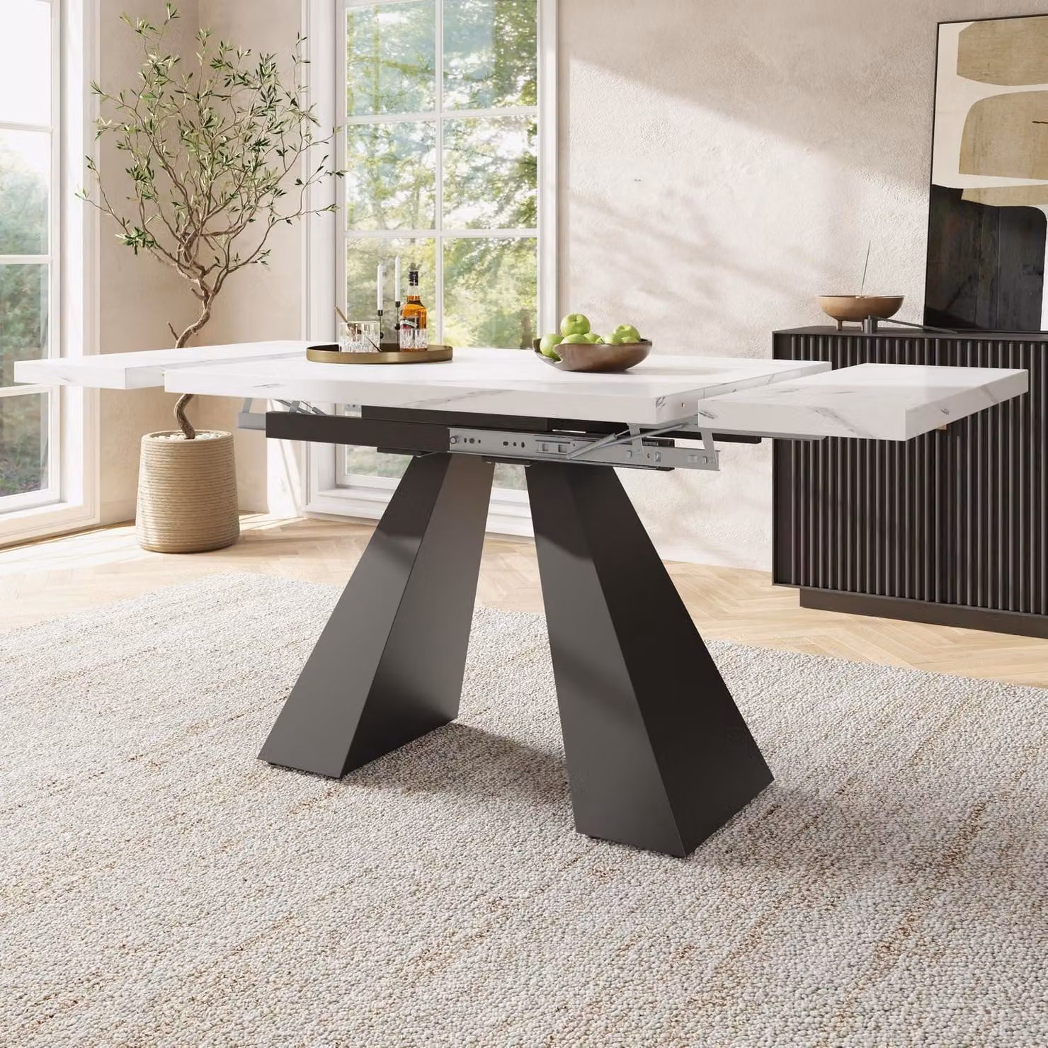 Tavolo da pranzo allungabile con motivo marmorizzato, per 4-6 persone, bianco e nero, dimensioni 99-159x74x77 cm