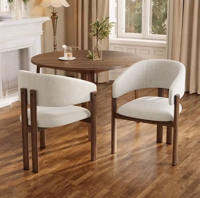 Set di 2 sedie con braccioli in metallo effetto noce e rivestimento in lino beige