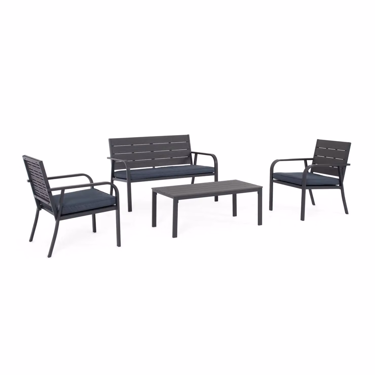 Set salotto da giardino VALENCIA antracite effetto legno, con 1 divano, 2 poltrone e 1 tavolino, con cuscini