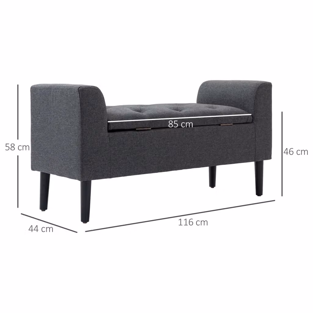 Panca contenitore imbottita WISHDOR in tessuto effetto lino, grigio, L: 116 cm, P: 44 cm, H: 58 cm – 2