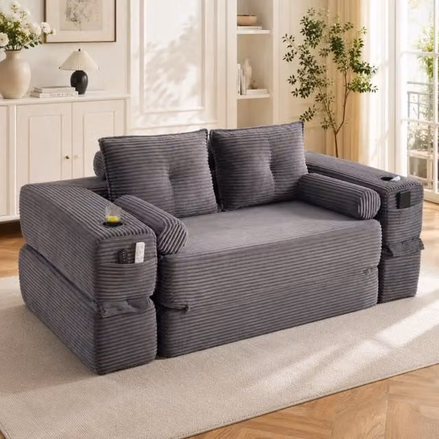 Divano letto 180.0x98.0x80.0 cm pieghevole con tasche e portabicchieri in velluto a coste grigio scuro