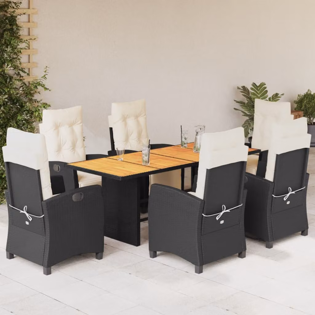 vidaXL Set da Pranzo da Giardino 7 pz in Polyrattan Nero con Cuscini e Piano in Legno di Acacia – 1