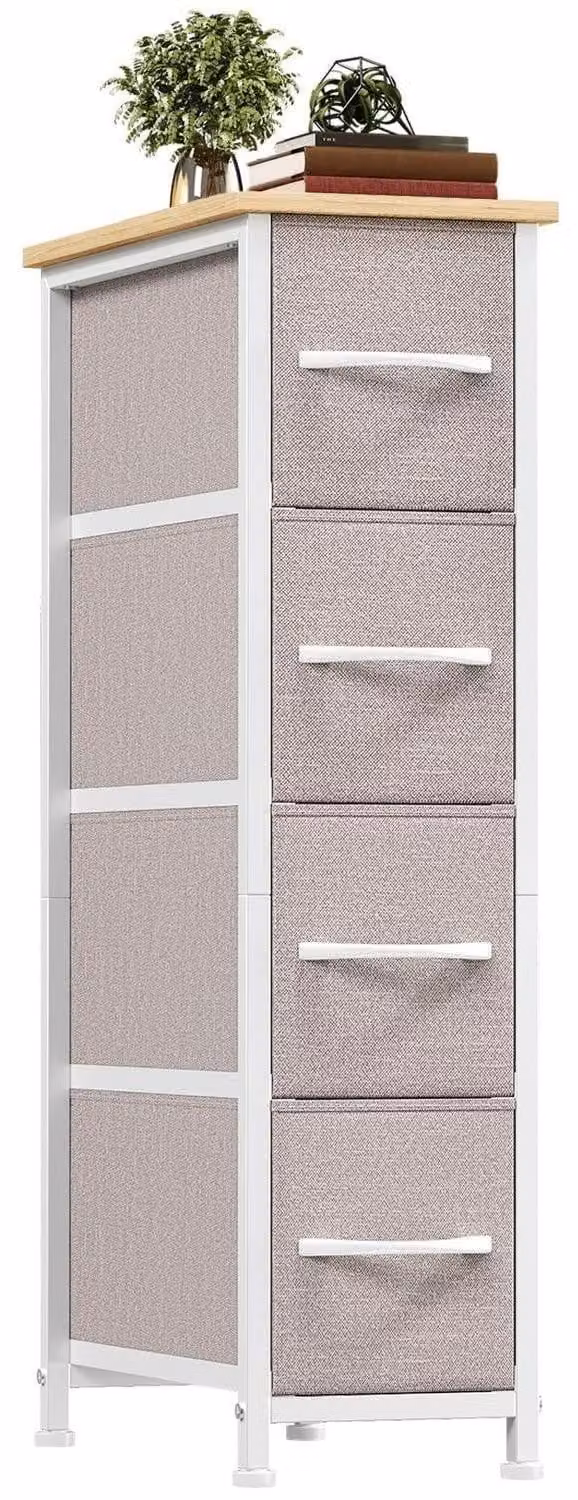 Comodino con 4 cassetti rivestiti in tessuto, design sottile, colore grigio cenere, dimensioni 48 cm di larghezza x 20 cm di profondità x 75 cm di altezza