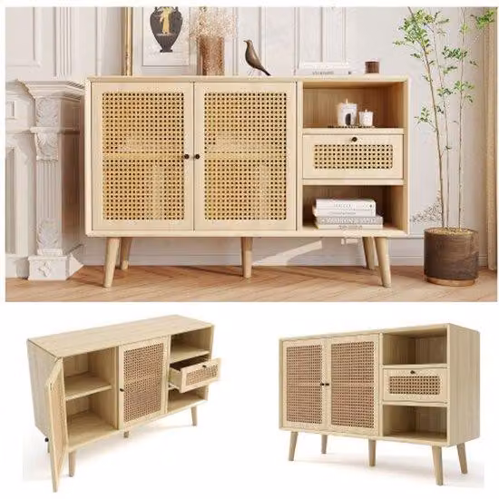 Cassettiera da scrivania, mobile a 1 cassetto con cassetti magnetici e scorrevoli, ante intrecciate in rattan, base in legno massello, maniglia in metallo nero, piedini regolabili, legno di rovere, 120x40x80 cm