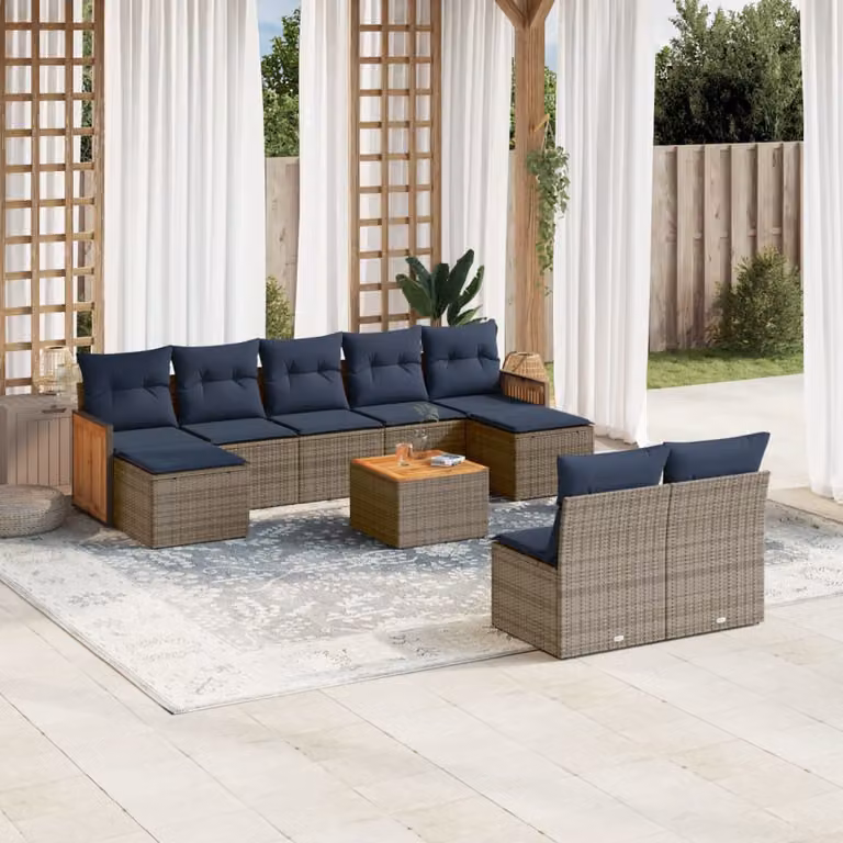 Set di divani da giardino vidaXL in polyrattan grigio con cuscini, tavolino e pouf, design moderno a L